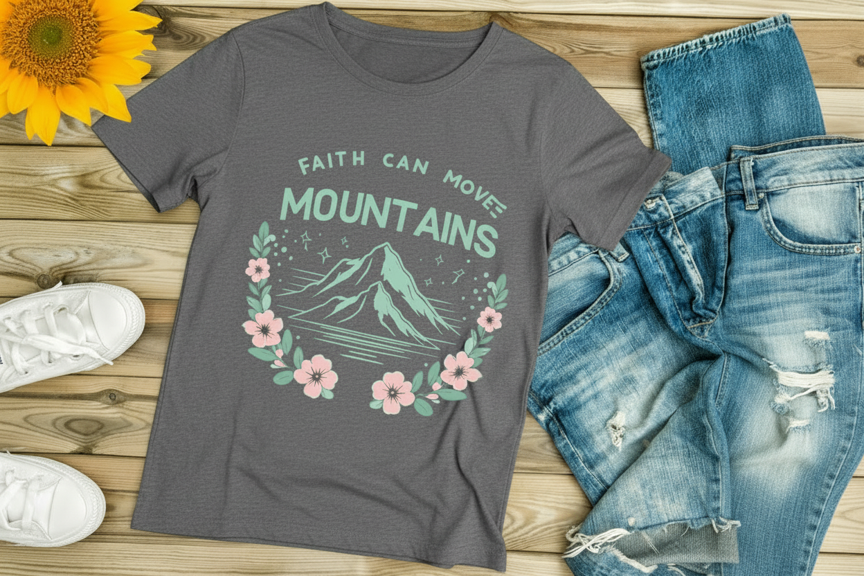 grey t-shirt with 'Faith can move mountains' design on a wooden surface with jeans and a sunflower.