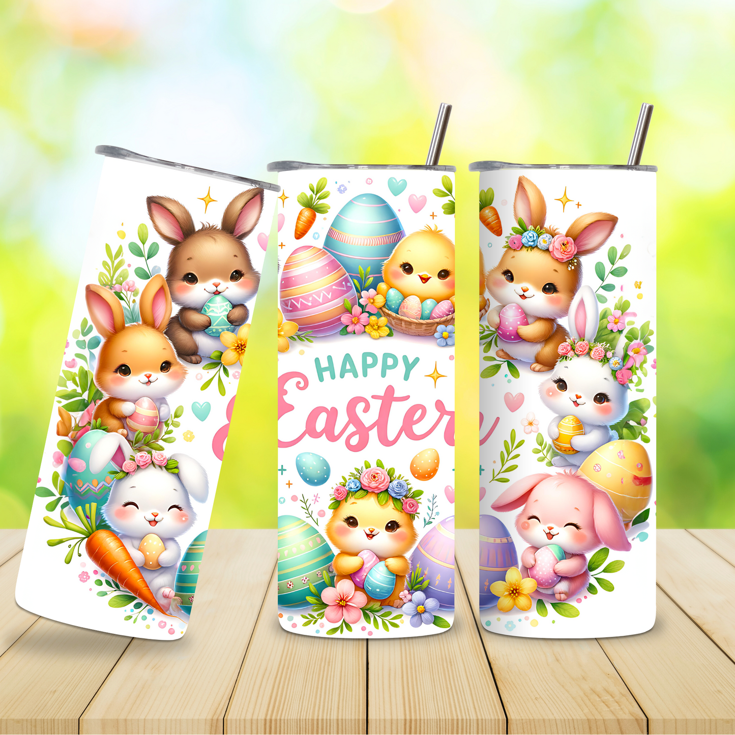 Three colorful tumbler designs with Easter-themed illustrations on a wooden surface.
