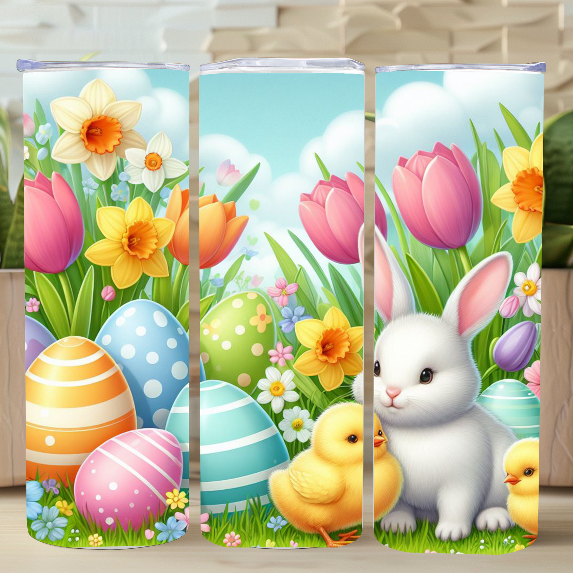 Stainless steel easter tumbler with flowers, bunny and chicks