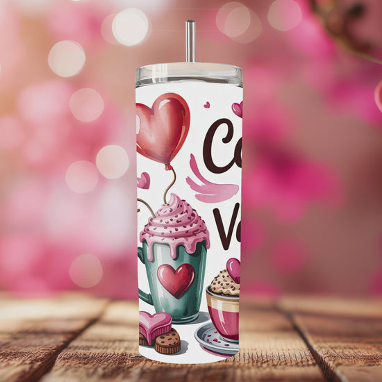 Romantic Valentine’s tumbler mockup showcasing heart and cupcake illustrations in pink and red tones, perfect for holiday drinkware designs.