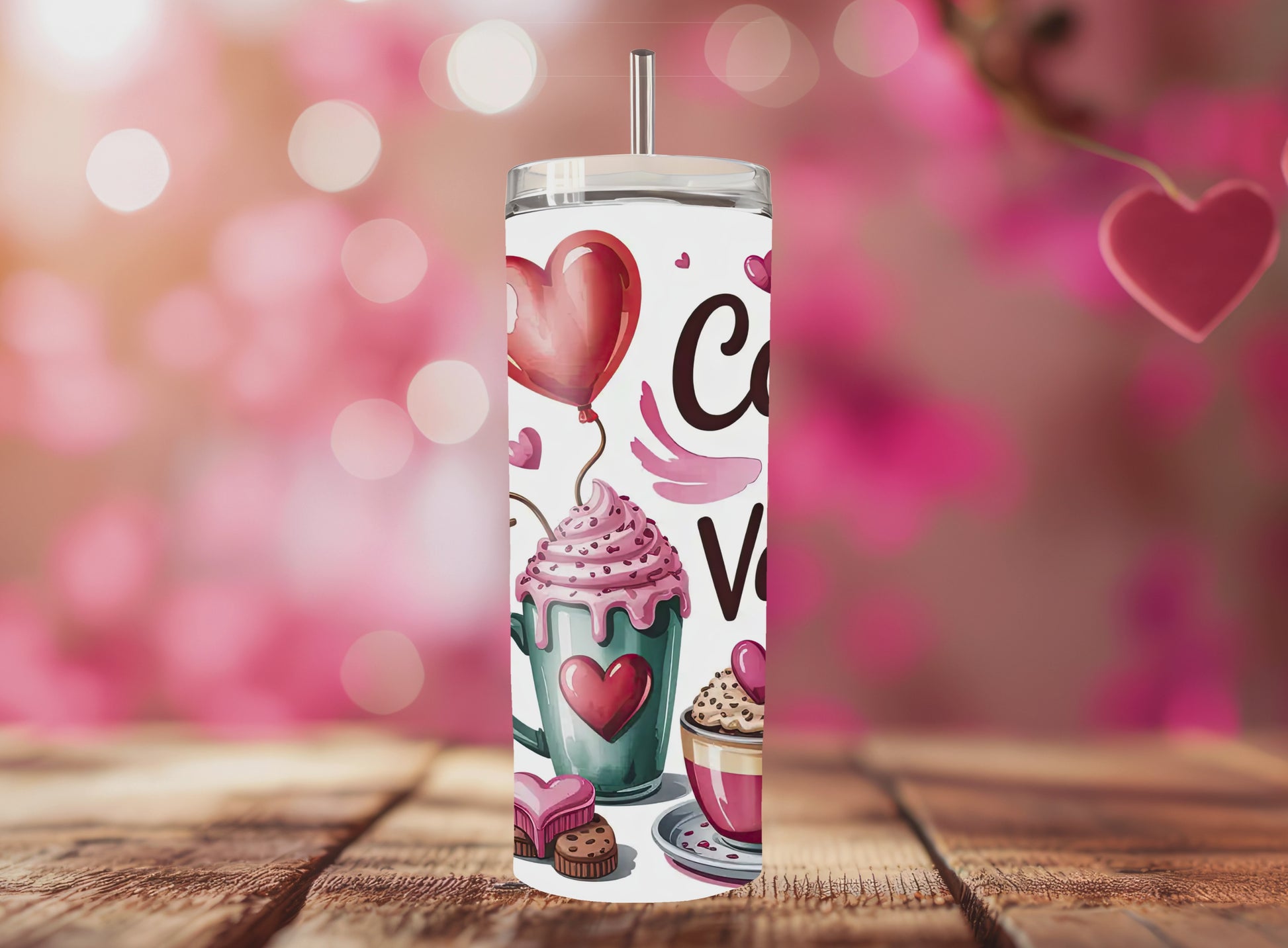Romantic Valentine’s tumbler mockup showcasing heart and cupcake illustrations in pink and red tones, perfect for holiday drinkware designs.